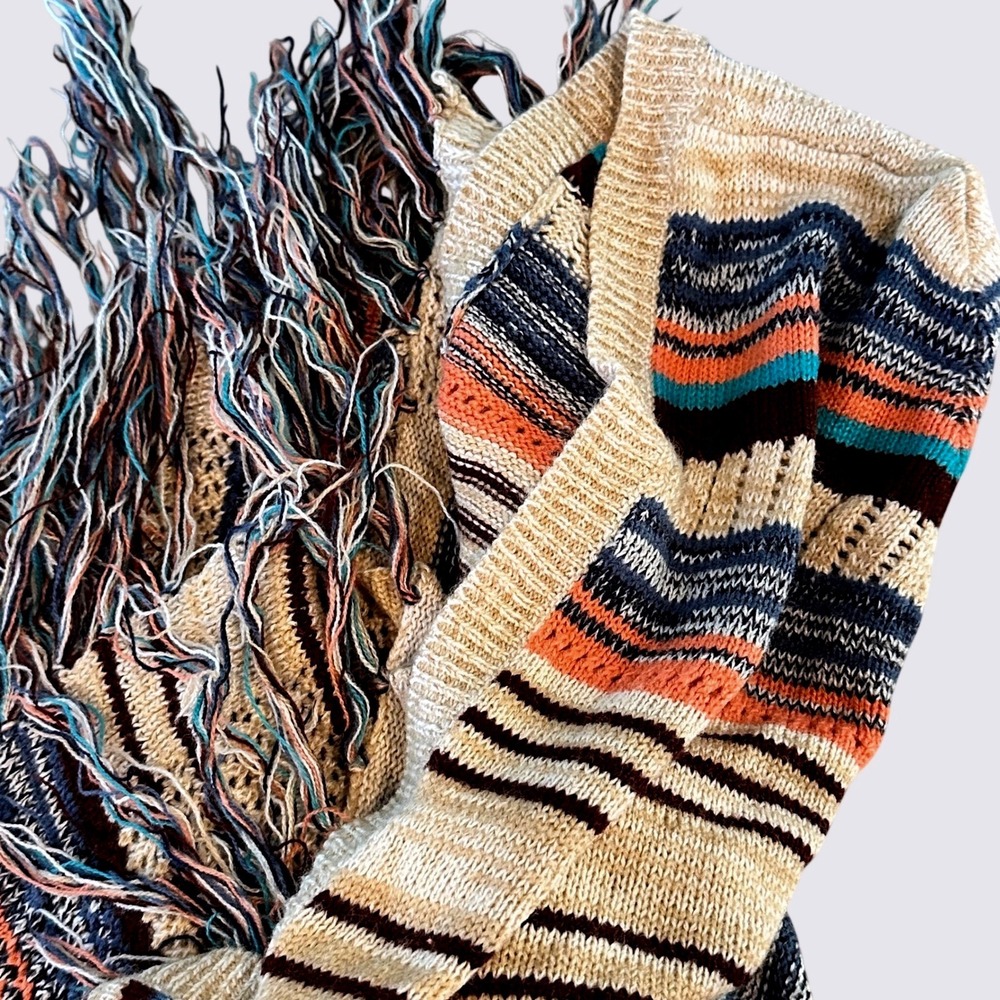 Striped Hooded Cardigan Sweater Long Open Front Knit Fringe Bottom L Boho Casual